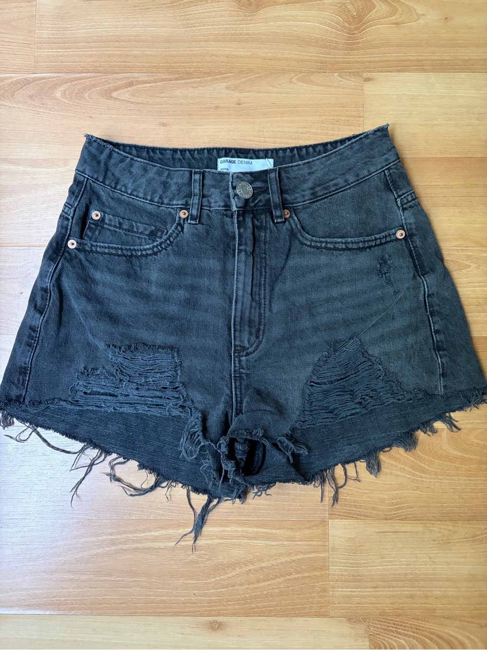 Garage Washed Black Distressed High-Rise Denim Shorts